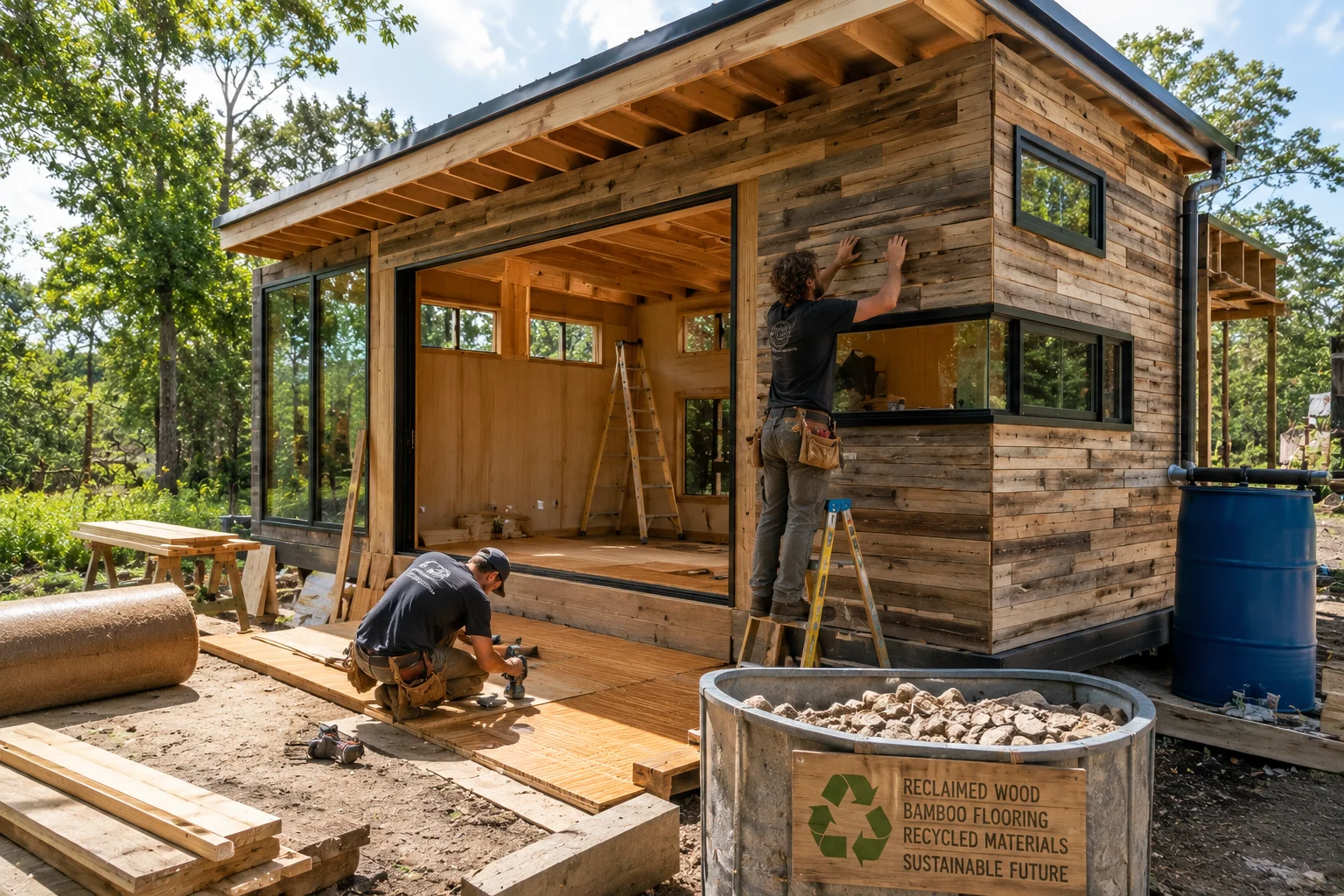Eco-friendly tiny house built with reclaimed wood and sustainable building materials