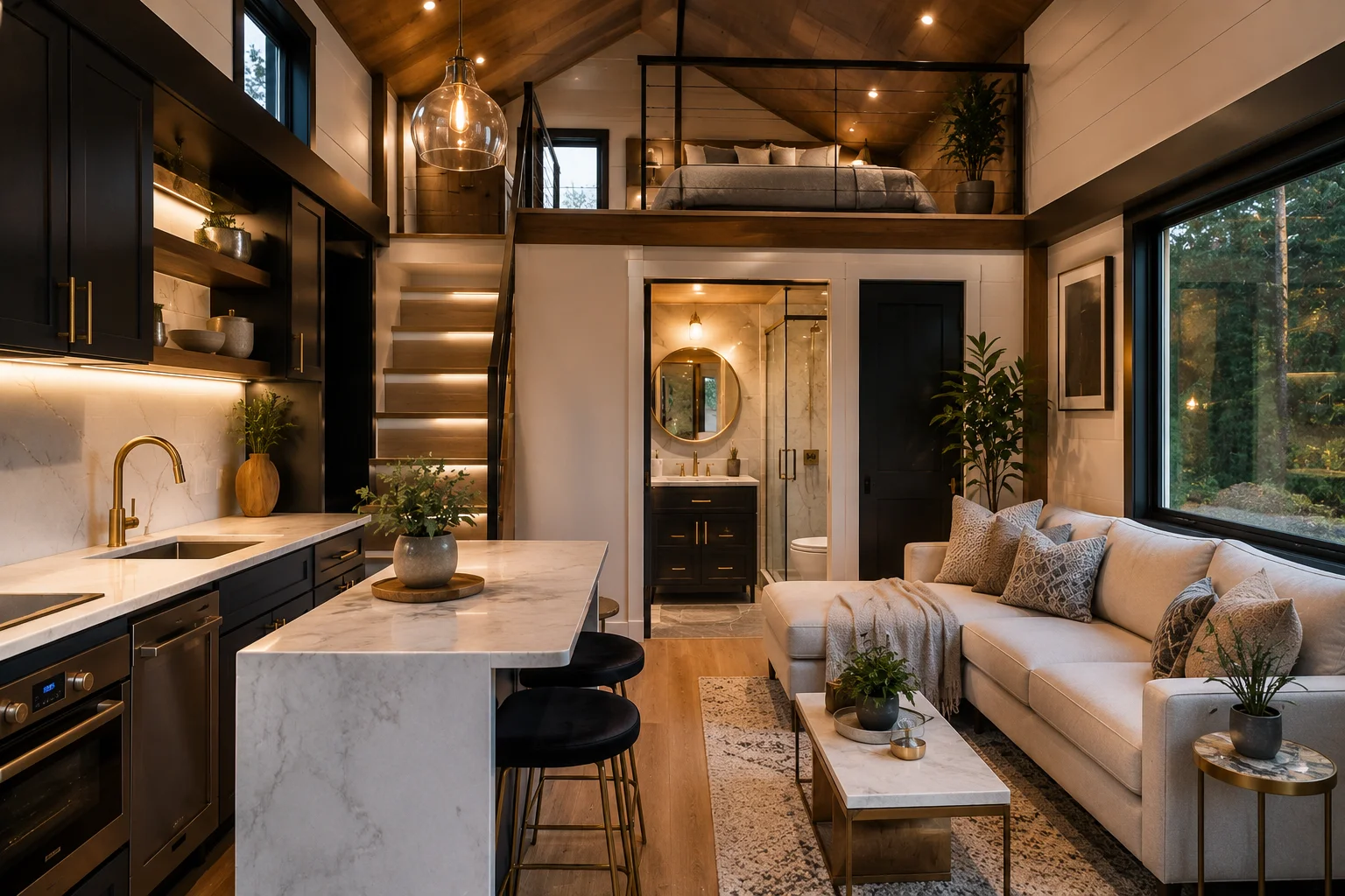 Luxury tiny house interior with premium finishes, modern kitchen, and designer furniture