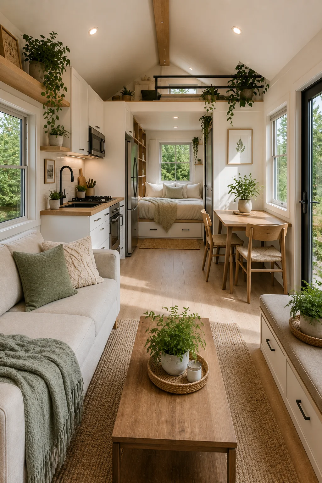 Open layout 300 sq ft home with a connected living room, kitchen, and dining area for maximum space.