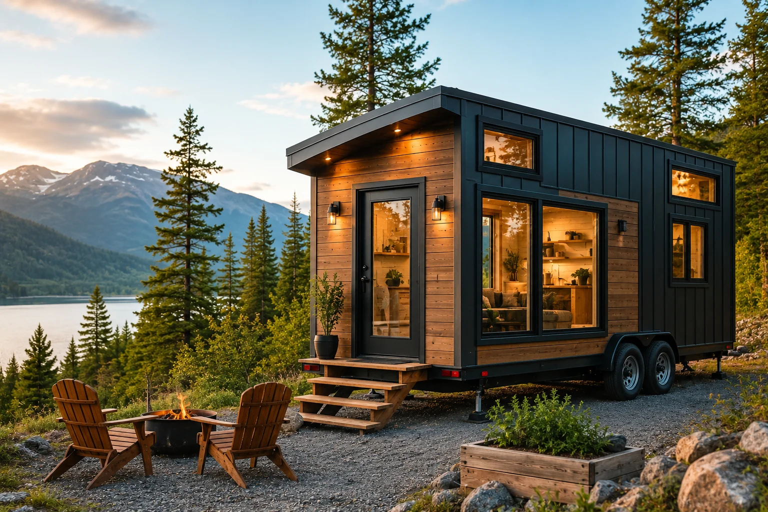 Tiny house built on a trailer in a natural outdoor setting