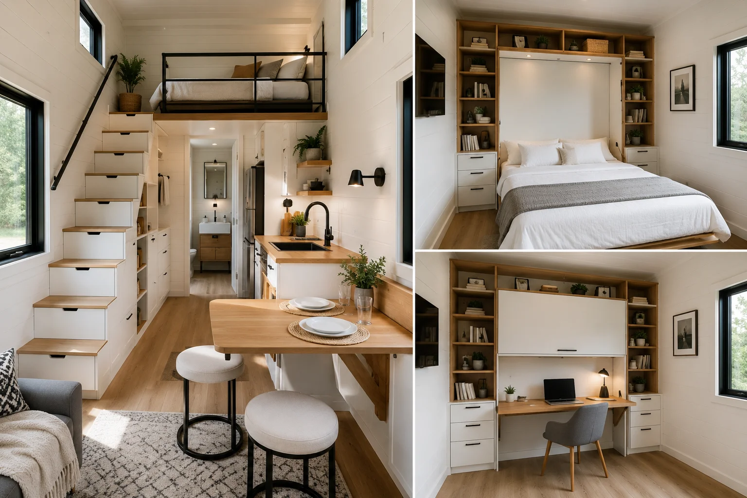 Tiny house interior featuring multifunctional furniture and smart storage solutions