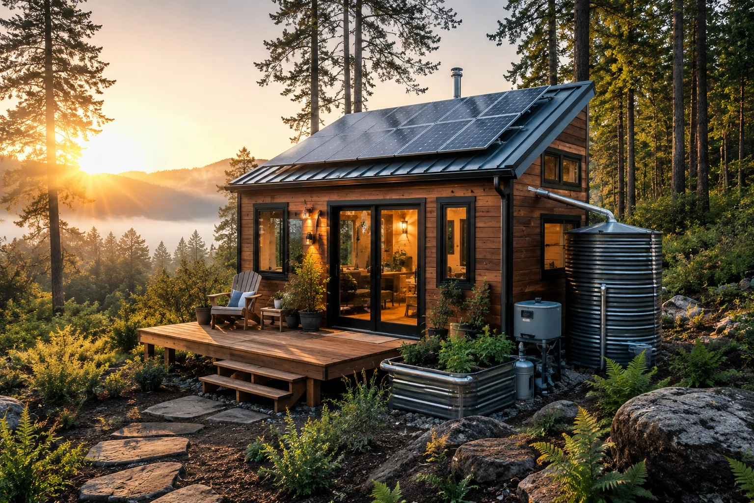 Off-grid tiny house with solar panels and sustainable systems in a natural setting