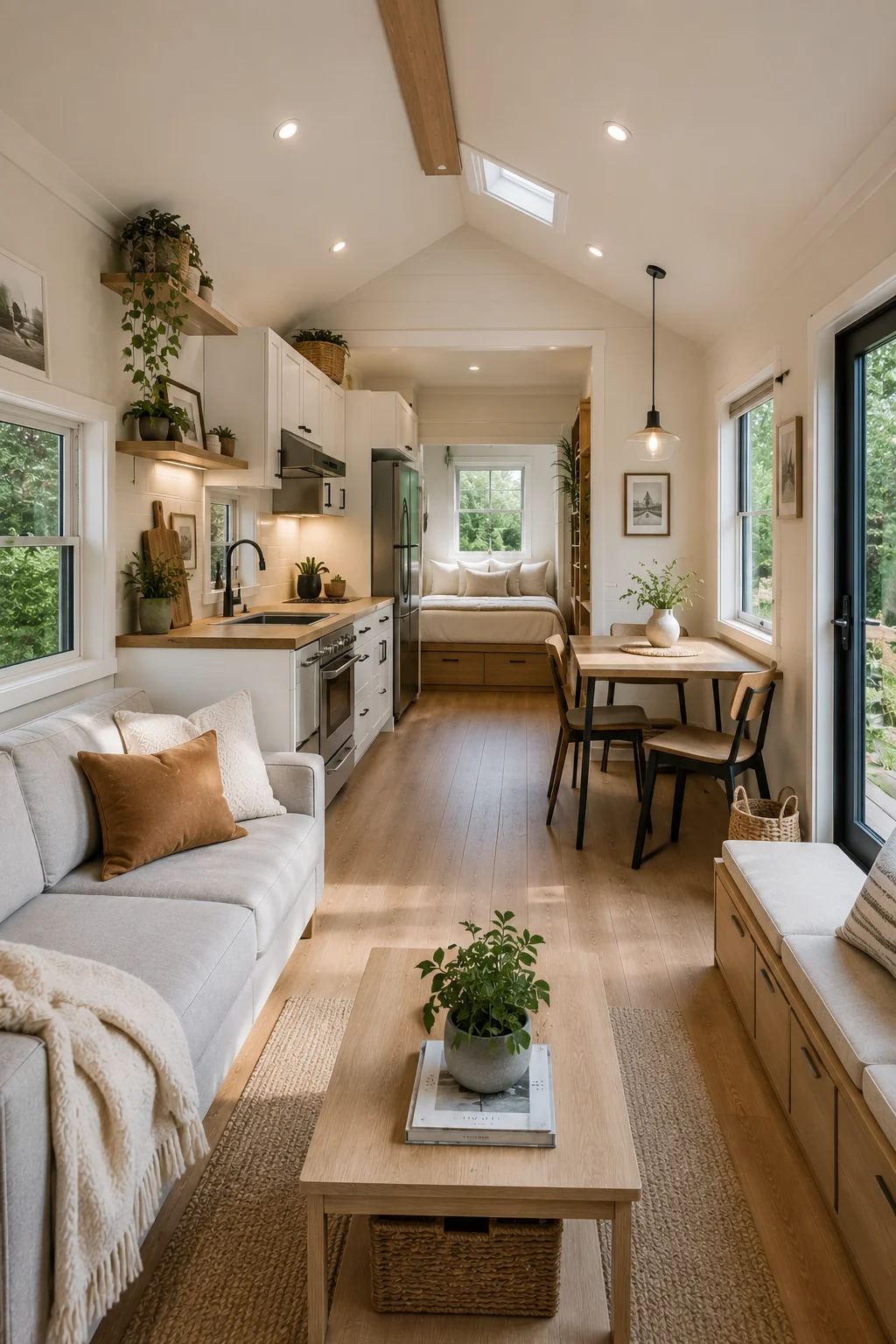 Stylish minimalist 300 sq ft home decorated with indoor plants, wooden accents, neutral colors, and cozy textures.