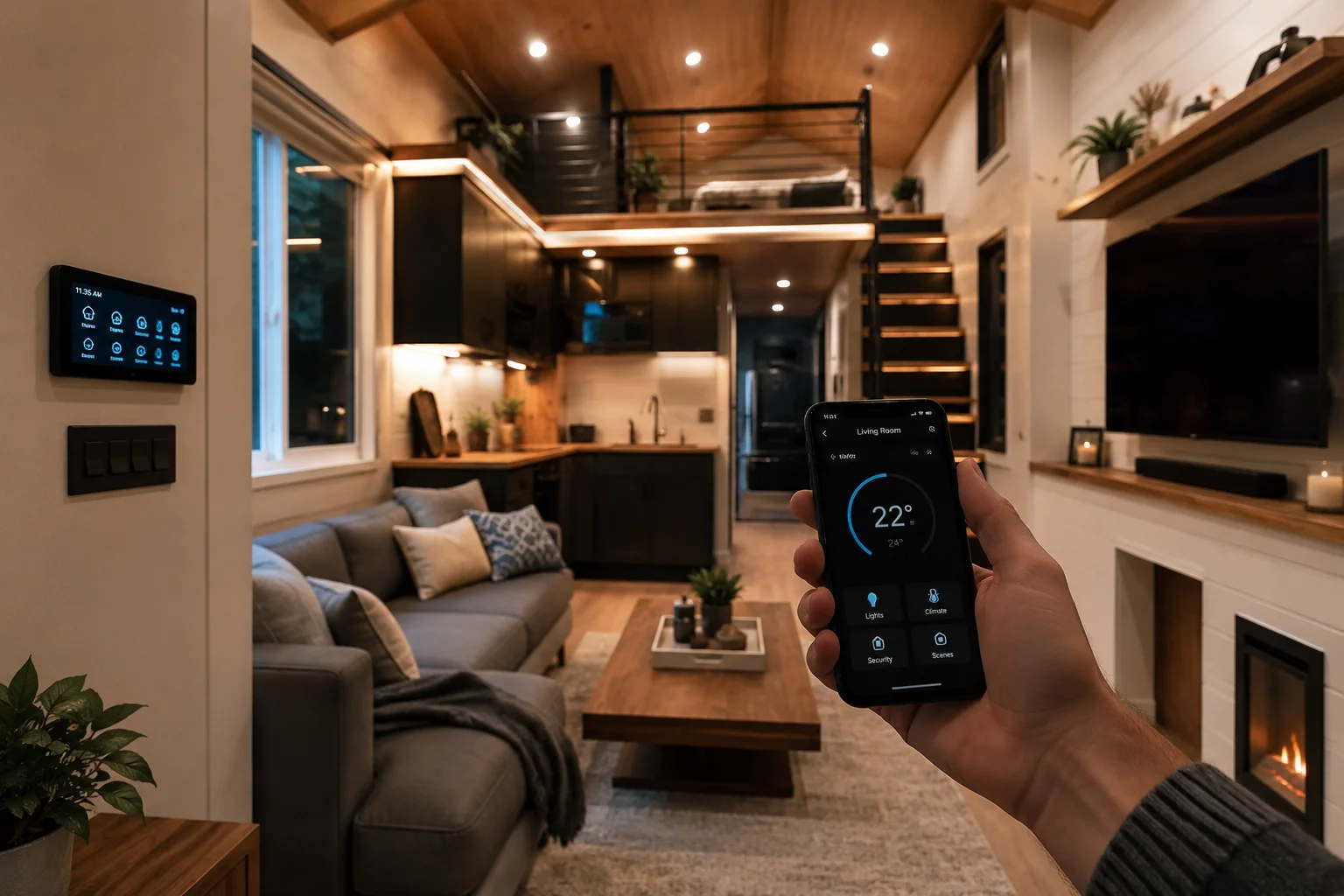 Smart home technology inside a modern tiny house with app-controlled lighting and temperature