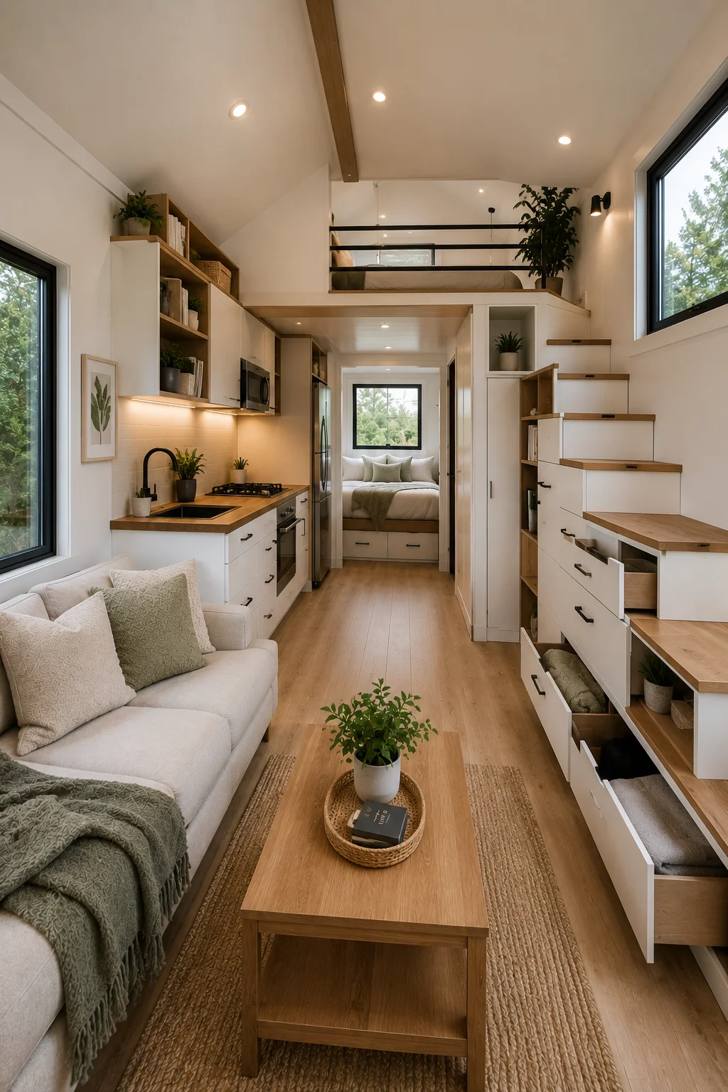 Tiny home with storage under stairs, hidden cabinets, built-in shelving, and organized compact living spaces.