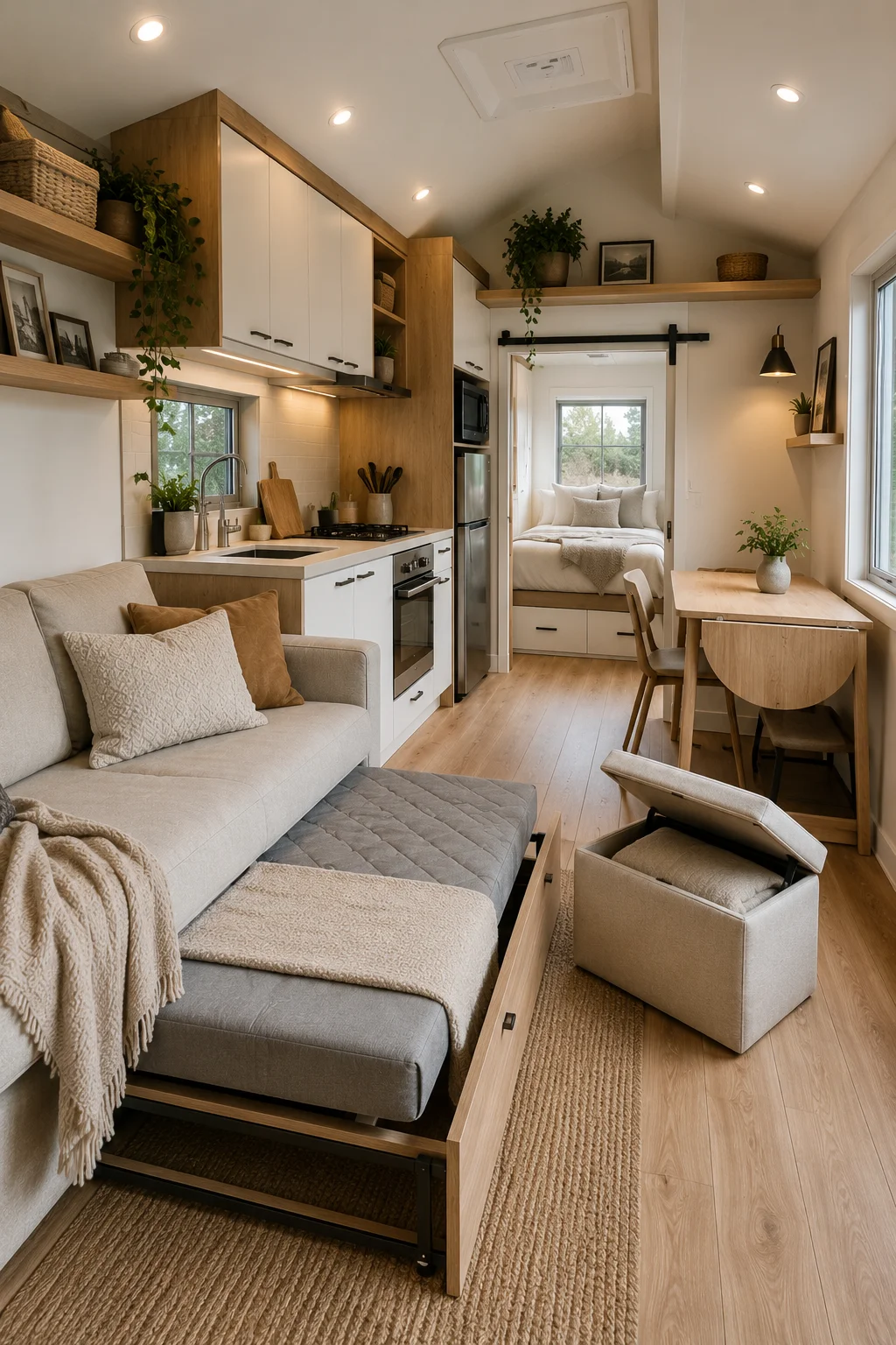 Multi-functional furniture inside a 300 sq ft home featuring a sofa bed, foldable dining table, and hidden storage.