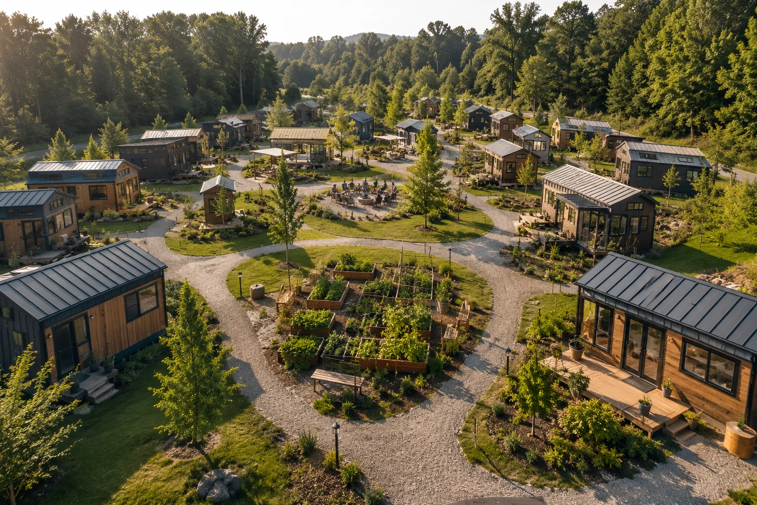 Modern tiny house community with shared gardens, walking paths, and green spaces
