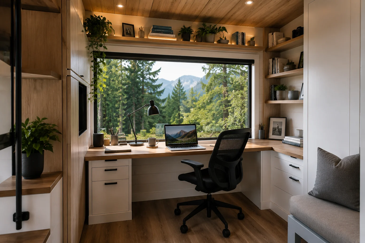 Modern tiny house workspace with built-in desk and large window overlooking nature