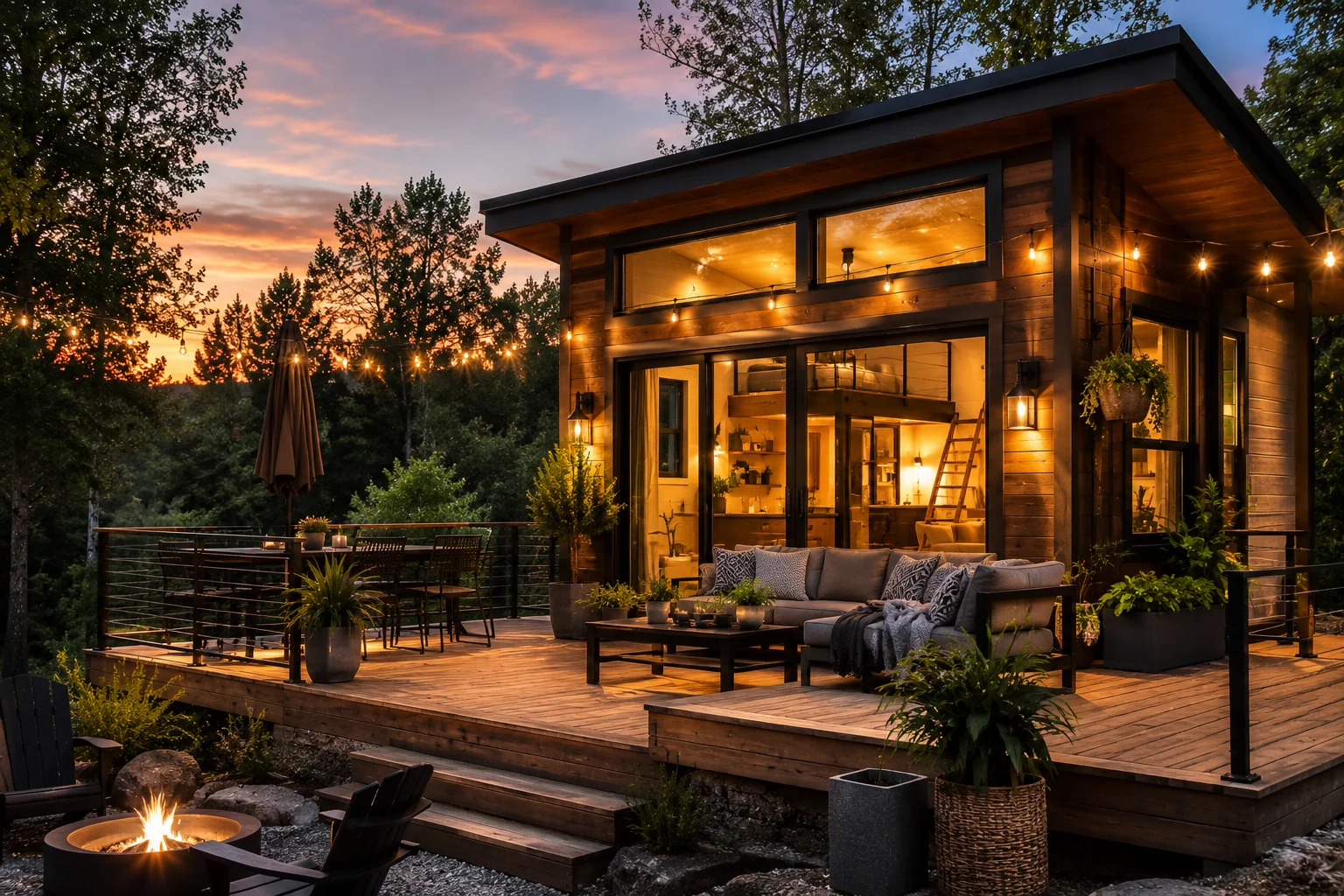 Tiny house with outdoor deck, dining area, and cozy seating surrounded by nature