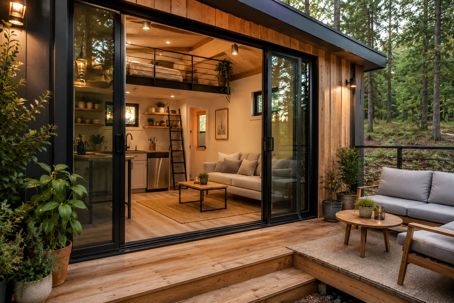 Tiny house with outdoor deck and sliding glass doors