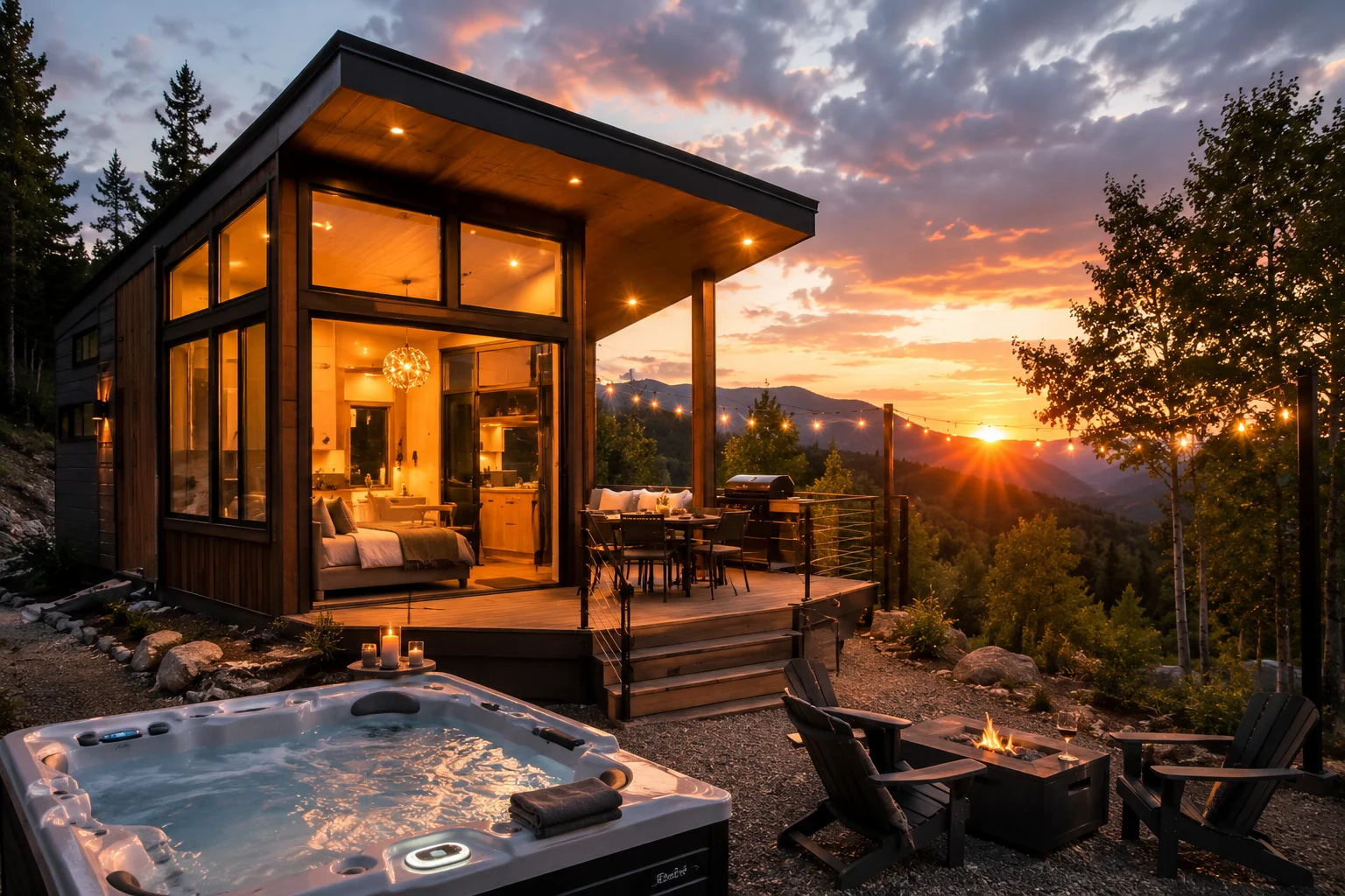 Luxury tiny house vacation rental with mountain views and outdoor hot tub