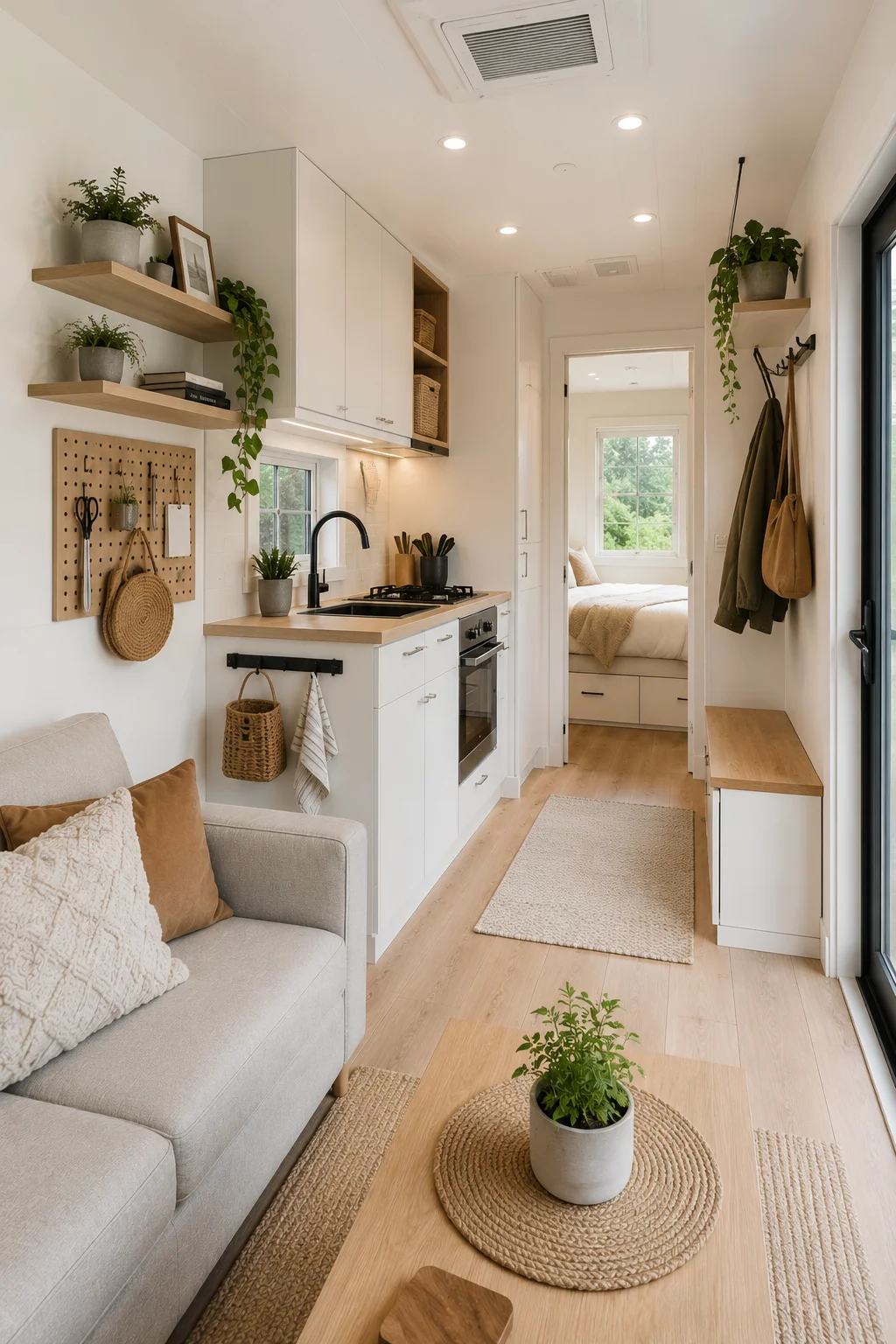 Small home with floating shelves, wall-mounted cabinets, pegboard organizers, and smart vertical storage solutions.