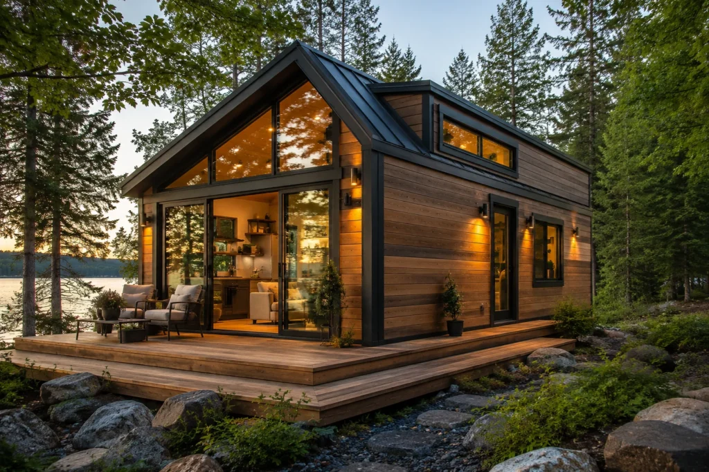 Tiny House Design 2026 with large glass windows, wooden exterior and outdoor deck