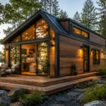 Tiny House Design 2026 with large glass windows, wooden exterior and outdoor deck