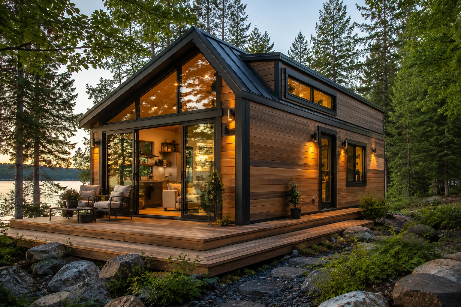 Tiny House Design 2026 with large glass windows, wooden exterior and outdoor deck