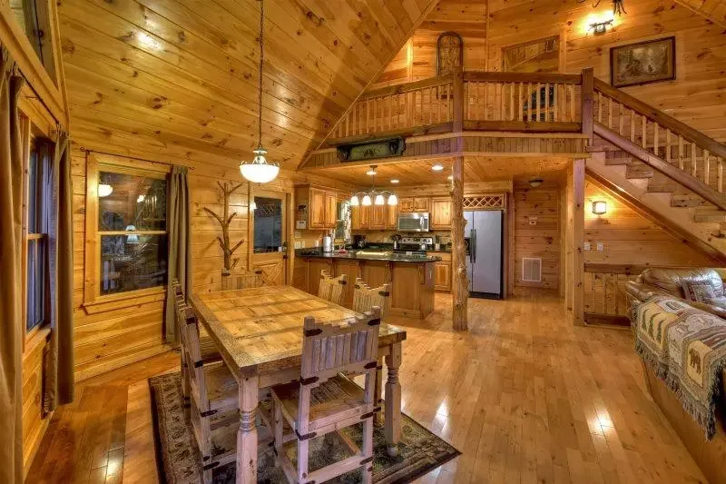 Open-plan living and dining area at Mountain High Lodge in Blue Ridge