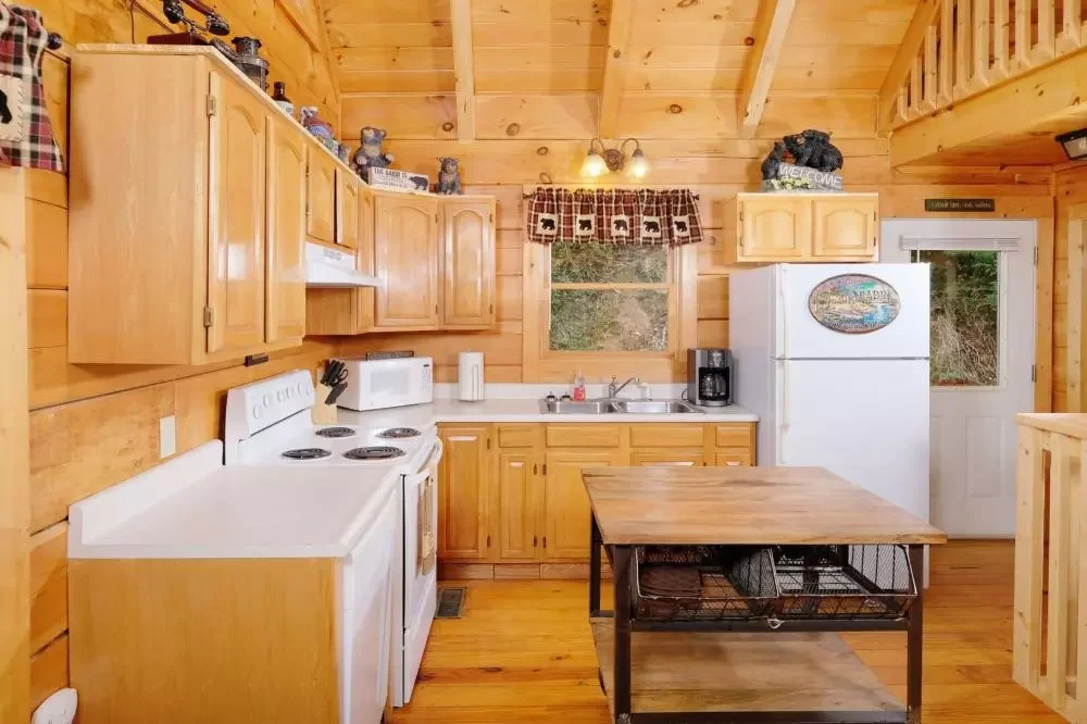 Fully equipped cabin kitchen with wood cabinets and modern appliances